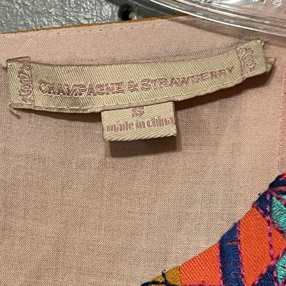 Champagne & Strawberry Embroidered V-Neck Dress Short Sleeve Mod Style Mini S - Picture 6 of 11